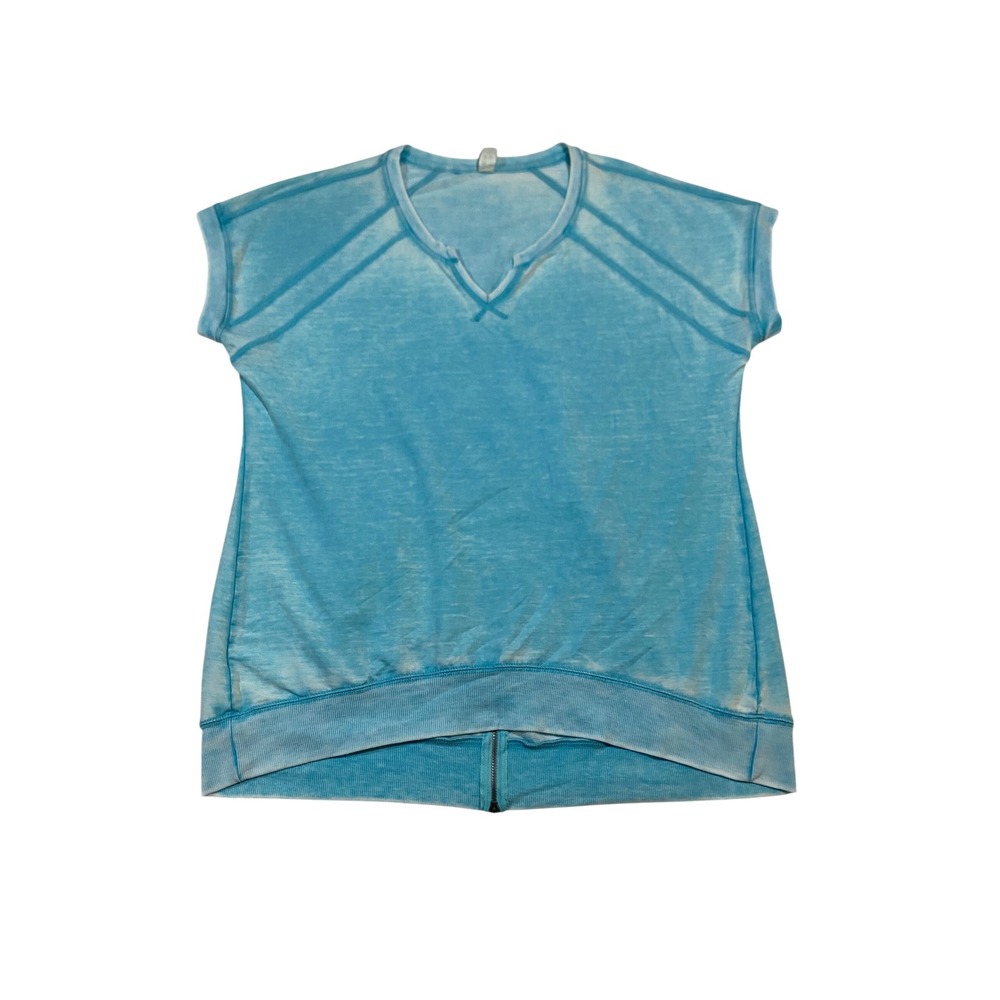 GreenTea Women Mint Blue Burnout V-Neck Top Back Zip Short Sleeve L FW8768SK999H